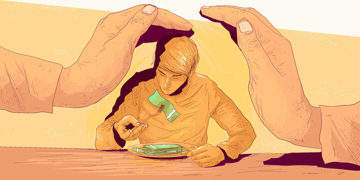 Conceptual illustration about poverty and money replacing basic needs