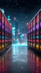 Futuristic server room with colorful glowing servers at night