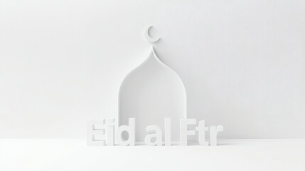 Eid al Fitr 3D Minimal White Scene with Mosque and Crescent