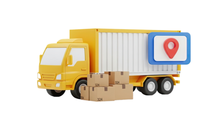 3D Yellow Delivery Truck with Boxes and Location Pin Icon