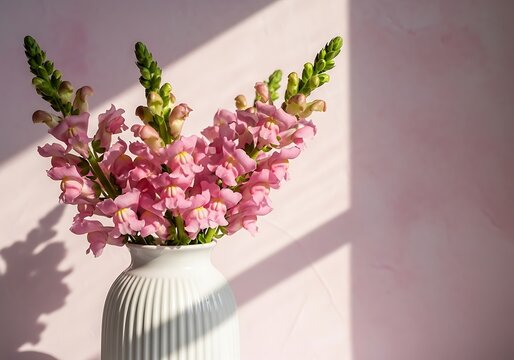 Beautiful pink snapdragons in a white vase on a table with sunlight casting shadows on the wall behind