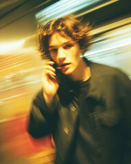 Subway Entrance Man Video Call Walking Night Photo