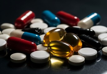 Multicolored pills and capsules scattered on a dark surface for health and medical concepts with medicine