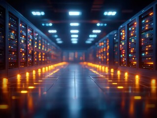 Data center with rows of server racks and glowing lights