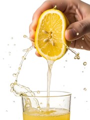 Squeezing Fresh Lemon Over Refreshing Drink to Produce Splashing Moment