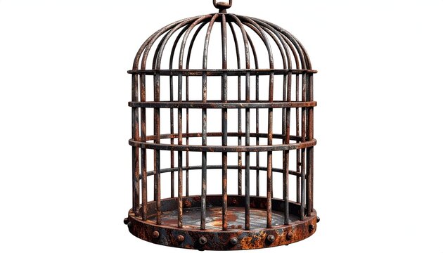 A rusted, empty bird cage isolated on a clean white background