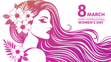 International Women's Day design. International Women's Day celebration poster or banner design with a woman and butterfly and text. Featuring beauty of a woman with freedom and serenity. SVG version.