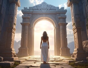 Woman walks toward the light in ancient stone archway