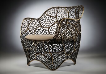 Intricately designed modern chair with unique mesh pattern and beige cushion on gradient background with unique furniture