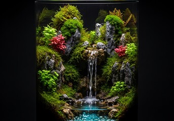 A serene miniature waterfall flows gently into a tranquil blue pool surrounded by lush green moss and vibrant red plants