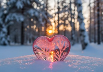 A glowing pink heart shaped ice sculpture with intricate fern like patterns sits on snowy ground at sunset in a forest