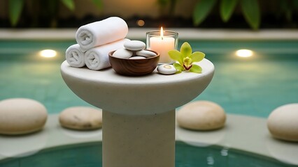 Tranquil spa essentials arrangement by the poolside for relaxation time