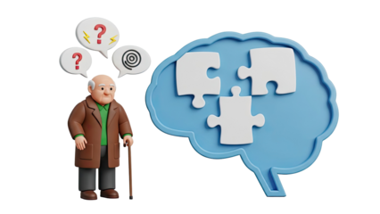 Elderly man with puzzle brain and question marks, symbolizing memory loss
