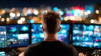 Young professional working late at night with city lights behind