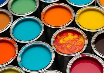 Vibrant paint cans in various colors on a black background for decoration and design with colorful and art