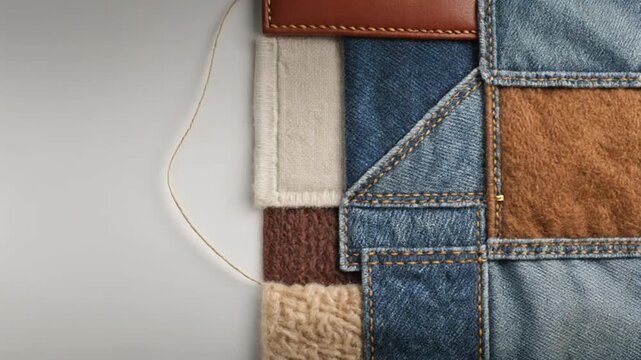 A detailed shot of various fabrics, including denim, leather, and knit materials, stitched together