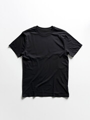 Premium black t-shirt mockup isolated on white background. Blank cotton short sleeve tee for logo design, brand identity, and clothing collection presentation. Professional apparel template.