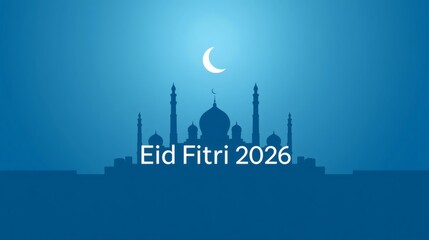 Eid Fitri 2026 Modern Islamic Greeting with Mosque and Crescent