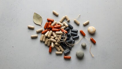 Varied pill assortment with leaf and stones showcasing wellness concept