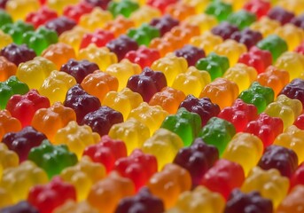 Vibrant array of chewy fruit flavored gummy bears, colorful display