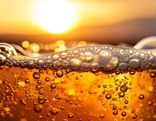 Close-up of bubbly amber liquid with sunlit background