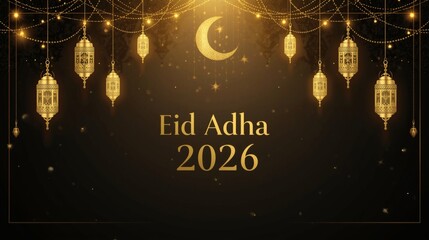 Eid Adha 2026 Islamic Celebration Background with Golden Ornaments