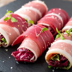 Close-up of rolled appetizers, meat-wrapped around purple lettuce