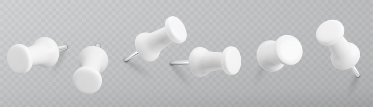 Set of push pins. Thumbtacks ready for your design. Different angle view. Vector illustration isolated on white background