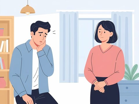 Illustration of a man feeling awkward and nervous during conversation, showing hesitation, emotional tension, and subtle discomfort in interpersonal communication and relationships.