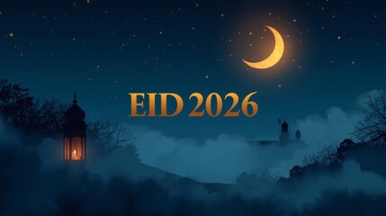 Eid 2026 Cinematic Islamic Night Scene with Crescent and Lantern Light