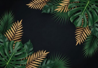 Tropical gold leaf wreath with lush green and golden leaves on dark background for luxury design with tropical design