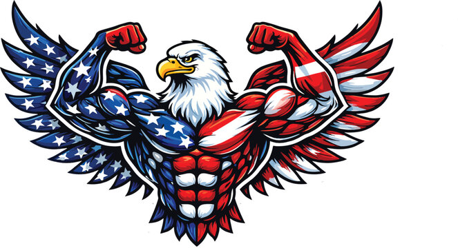 Powerful Bald Eagle with American Flag Wings Flexing Muscles Vector Illustration