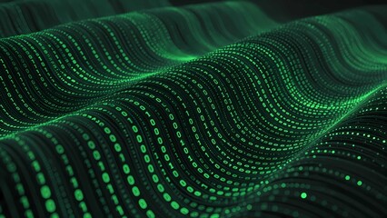 Cyber security network system featuring futuristic wavy binary matrix stream