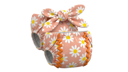 Peach Daisy Print Baby Bloomers with Orange Zigzag Trim and Bow