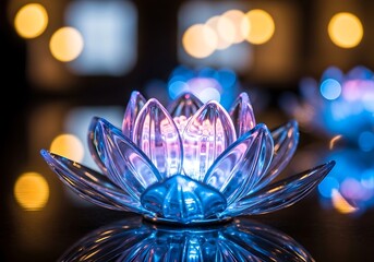 Closeup of a blue and pink glass lotus flower decorative object with bokeh lights in the background creating a warm