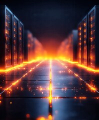 Futuristic data center with glowing servers and vibrant orange lights