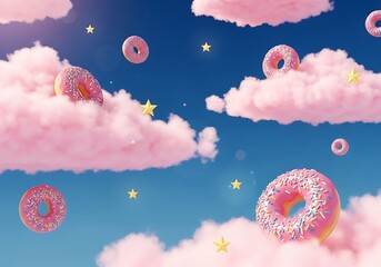 Whimsical pink frosted donuts with sprinkles floating on soft white clouds against a serene blue sky with twinkling stars
