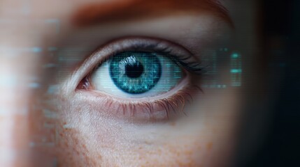 A close-up of a human eye with a digital, futuristic overlay, showcasing intricate details and a high-tech aesthetic.