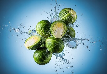 Fresh green brussels sprouts sliced and whole with water splash on blue background healthy food concept