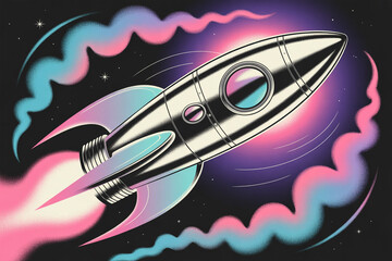 Vibrant rocket ship blasting off into colorful space with pink and blue flames