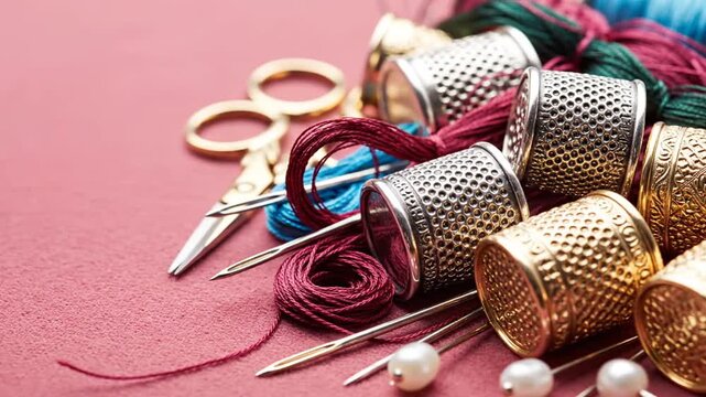 A close-up showcases sewing notions on pink textile. Thimbles, scissors, and thread create a textured scene