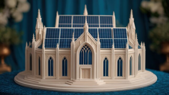 A detailed architectural model featuring solar panels on a gothic-inspired building, set against a richly colored backdrop. - Powered by Adobe