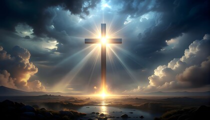 Wooden Cross with Radiant Golden Light Rays and Particles for Easter