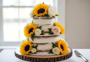 Semi naked wedding cake with sunflowers and white roses on wooden platter indoor with semi naked cake
