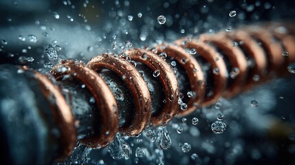 Close Up Copper Coil with Water Droplets Abstract Fine Art
