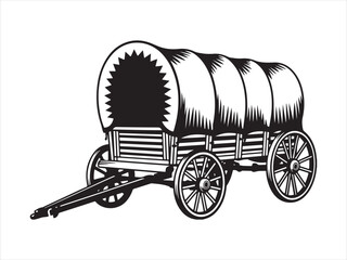 Silhouette of a vintage covered wagon vector. Western covered wagon silhouette vector illustration design. Old western covered wagon © Chan