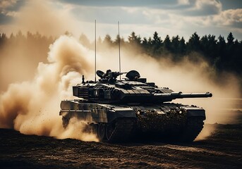 Military tank driving through dusty terrain with smoke and trees in background with army vehicle and combat scene