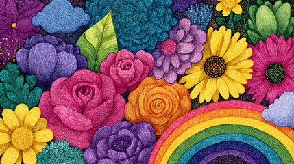 Intricate Hand Drawn Floral Arrangement with Rainbow Decoration Illustration