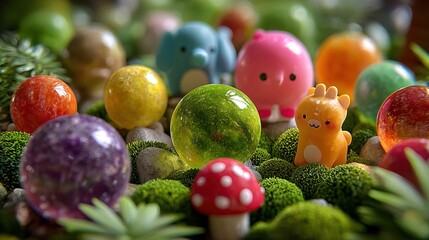 Charming Still Life of Kawaii Figurines and Glass Marbles on Moss