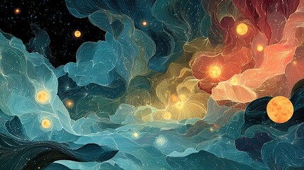 Abstract Dreamy Galaxy Clouds and Planets Decorative Artwork Illustration